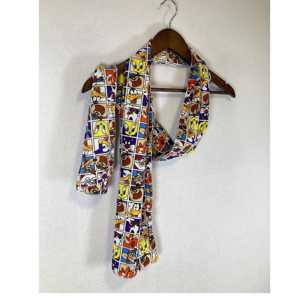 Vintage 90s Looney Tunes Womens OS Multicolor Character Grid Print Skinny Scarf